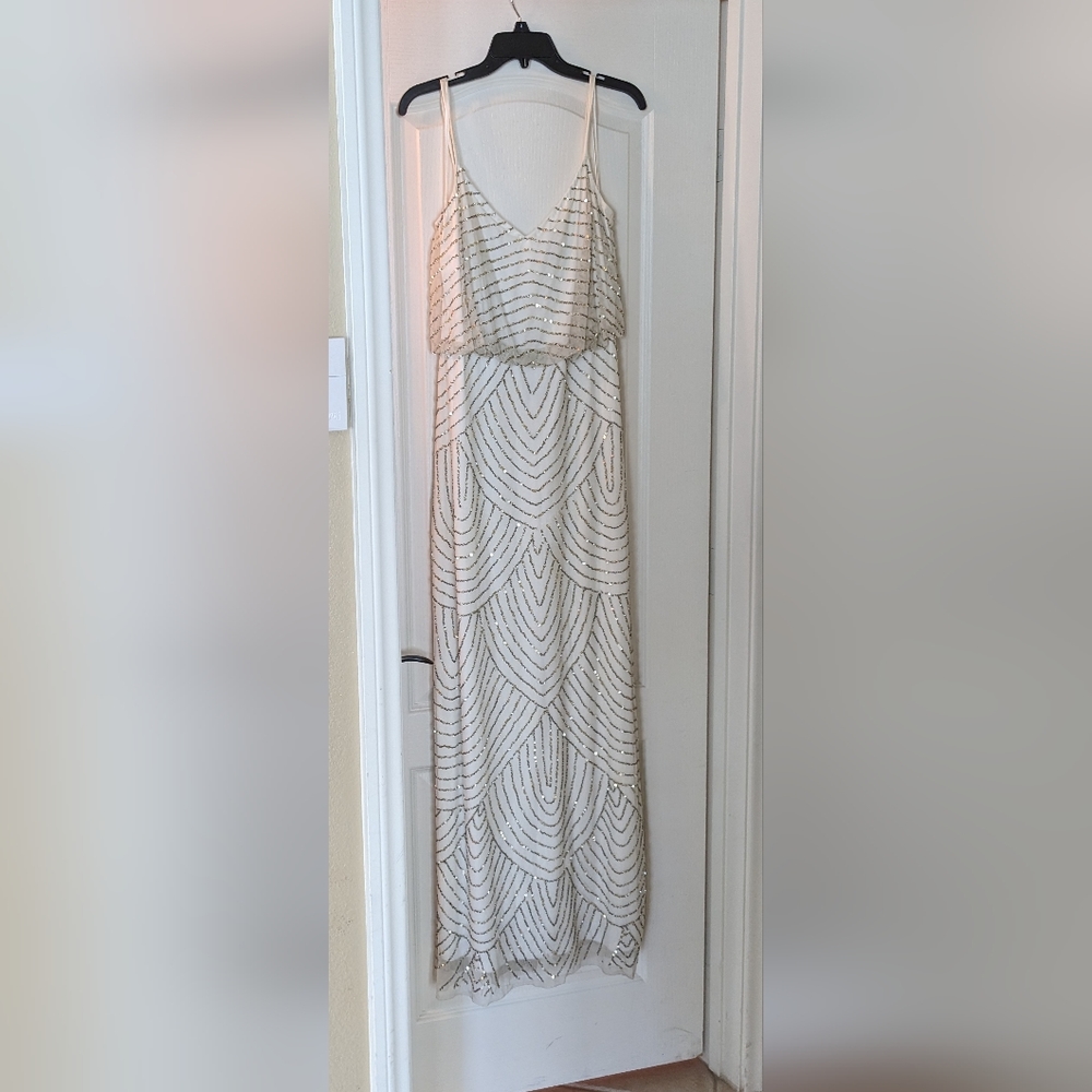 Adrianna Papell Collection Art Deco Beaded Blouson Gown, Size 8, Taupe, GUC
